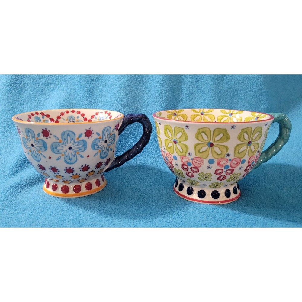Anthropologie Elka Ayaka Floral Footed Pedestal Mugs Lot of 2 Cup Twisted Handle